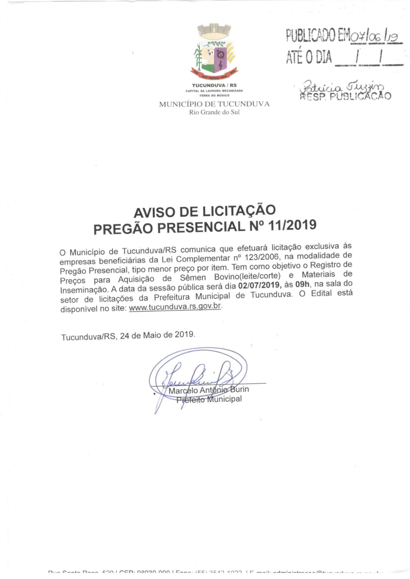 AVISO DE LICITAÇÃO PREGÃO PRESENCIAL Nº 11/2019 